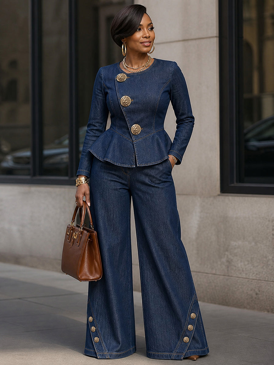 Split-Joint Pockets Buttoned Wide Leg Jean Pants Bottoms