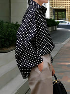 Long Sleeves Loose Buttoned Contrast Color Polka-Dot Split-Joint Lapel Blouses&Shirts Tops