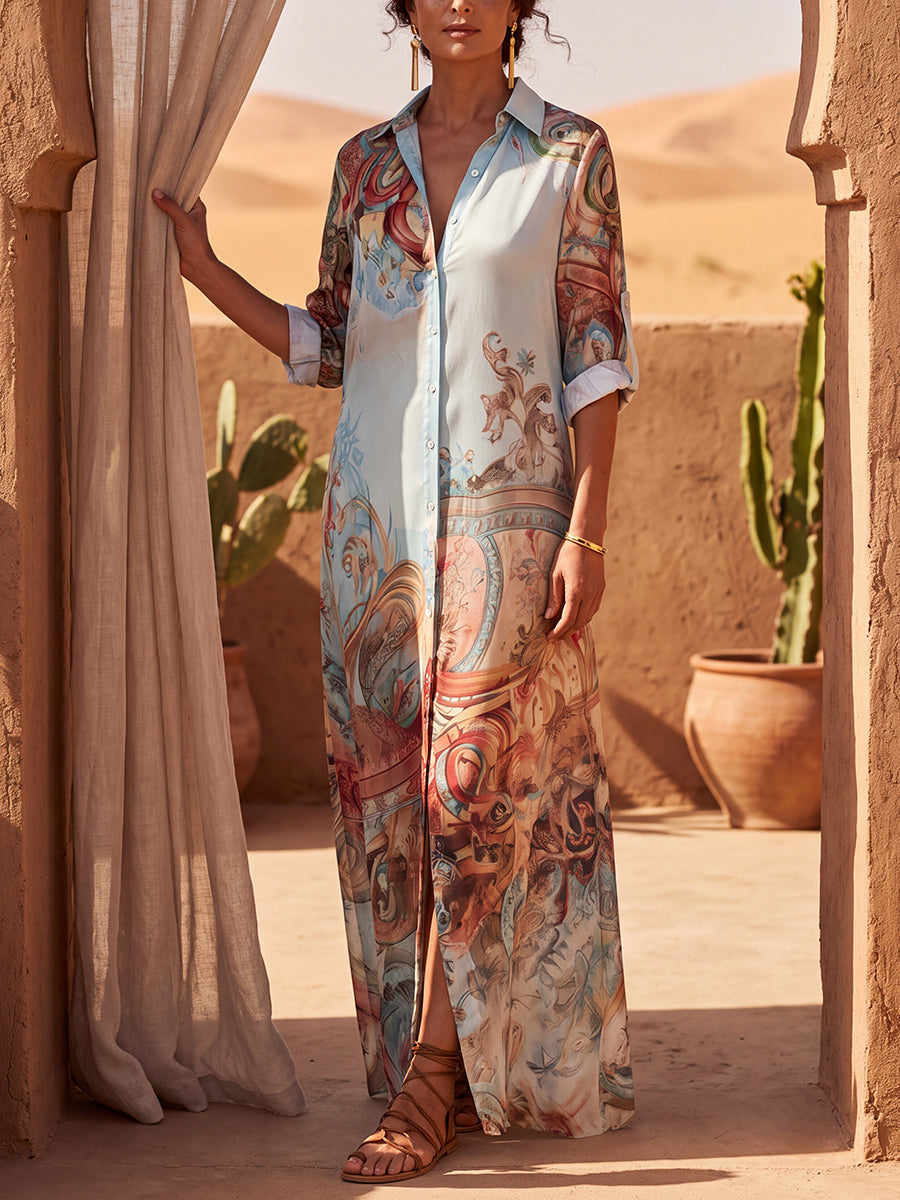 Long Sleeves Loose Buttoned Contrast Color Pockets Printed Lapel Maxi Dresses Shirt Dress