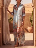 Long Sleeves Loose Buttoned Contrast Color Pockets Printed Lapel Maxi Dresses Shirt Dress
