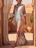 Long Sleeves Loose Buttoned Contrast Color Pockets Printed Lapel Maxi Dresses Shirt Dress