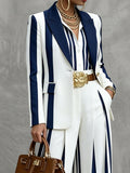 Striped Contrast Color Buttoned Long Sleeves Notched Collar Outerwear Blazer
