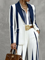 Striped Contrast Color Buttoned Long Sleeves Notched Collar Outerwear Blazer