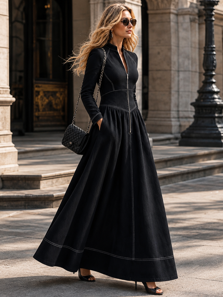 Zipper Split-Joint Pockets Pleated Contrast Color Long Sleeves High Waisted Mock Neck Maxi Dresses