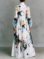 Split-Joint Printed Pockets Pleated Buttoned Loose Long Sleeves Stand Collar Shirt Dress Maxi Dresses