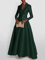 A-Line High Waisted Pleated Solid Color V-Neck Maxi Dresses