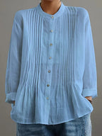 Long Sleeves Loose Buttoned Pleated Solid Color Round-Neck Blouses&Shirts Tops