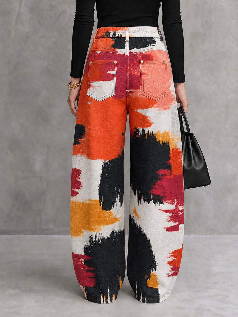 Printed Pockets Hollow Contrast Color Wide Leg High Waisted Trousers Pants