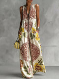 Loose Sleeveless Contrast Color Flower Print Pockets Deep V-Neck Jumpsuits