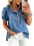 Split-Joint Solid Color Ruffled Pleated Buttoned Short Sleeves Stand Collar Blouses&shirts Tops