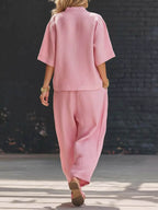 Loose Solid Color V-Neck Asymmetric Buttoned Blouses&Shirts Tops + High Waisted Pockets Pants Trousers Two Pieces Set