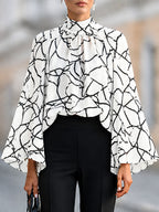 Split-Joint See-Through Printed Contrast Color Long Sleeves Flared Sleeves Mock Neck Blouses&shirts Tops