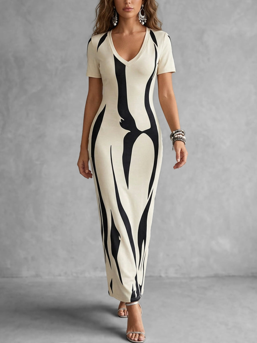 Split-Back Printed Contrast Color Short Sleeves High Waisted V-Neck Maxi Dresses