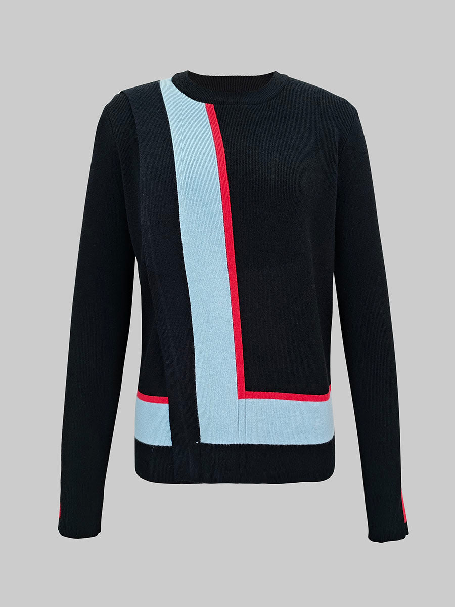 Irregularity Long Sleeves Abstract Printed Asymmetric Contrast Color Ribs Split-Joint Round-Neck Sweater Tops