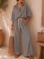 Loose Contrast Color Striped Long Sleeves Buttoned Lapel Blouses&shirts Tops + Drawstring Elasticity PocketsPants Trousers Two Pieces Set