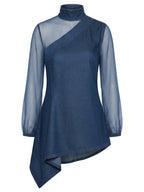 Long Sleeves Puff Sleeves Asymmetric Mesh Split-Joint Mock Neck Blouses&Shirts Tops