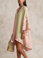 Split-Joint Flower Print Contrast Color Three-quarter Sleeves Loose V-neck Midi Dresses