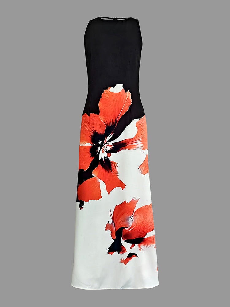Skinny Sleeveless Flower Print Round-Neck Maxi Dresses