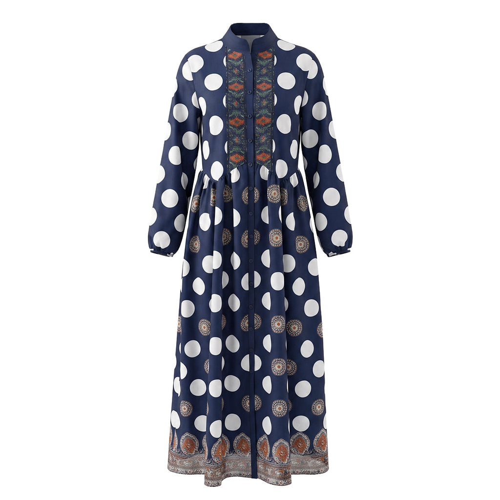 Polka-Dot Pockets Pleated Contrast Color Buttoned Big Hemline Puff Sleeves Loose Stand Collar Maxi Dresses