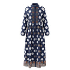 Polka-Dot Pockets Pleated Contrast Color Buttoned Big Hemline Puff Sleeves Loose Stand Collar Maxi Dresses