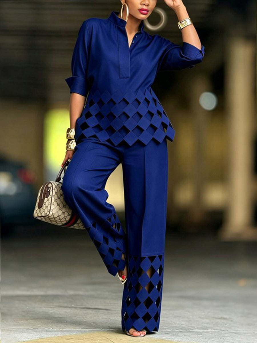 Solid Color Pockets Hollow Wide Leg Loose Trousers Pants