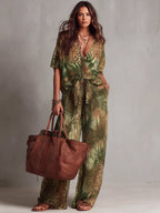 Half Sleeves Loose Contrast Color Knot Leopard Printed See-Through Deep V-Neck Blouses&Shirts Tops