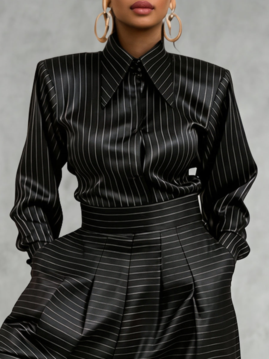 Striped Buttoned Long Sleeves Lapel Blouses&shirts Tops