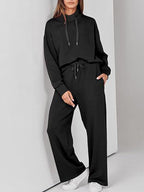 High Waisted Long Sleeves Drawstring Split-Joint Sweatshirt + Pants/Trousers Two Pieces Set