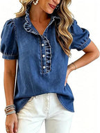 Split-Joint Solid Color Ruffled Pleated Buttoned Short Sleeves Stand Collar Blouses&shirts Tops