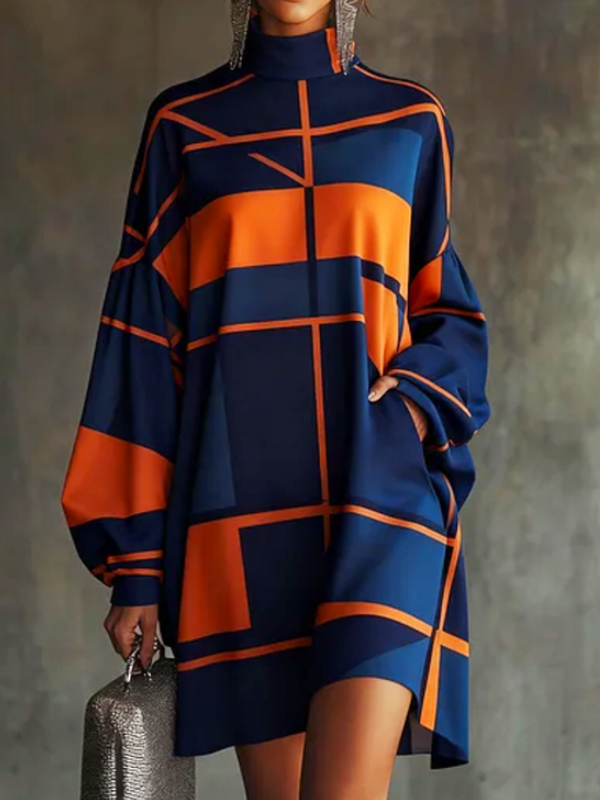 Long Sleeves Loose Contrast Color Pleated Pockets Split-Joint Zipper High Neck Mini Dresses