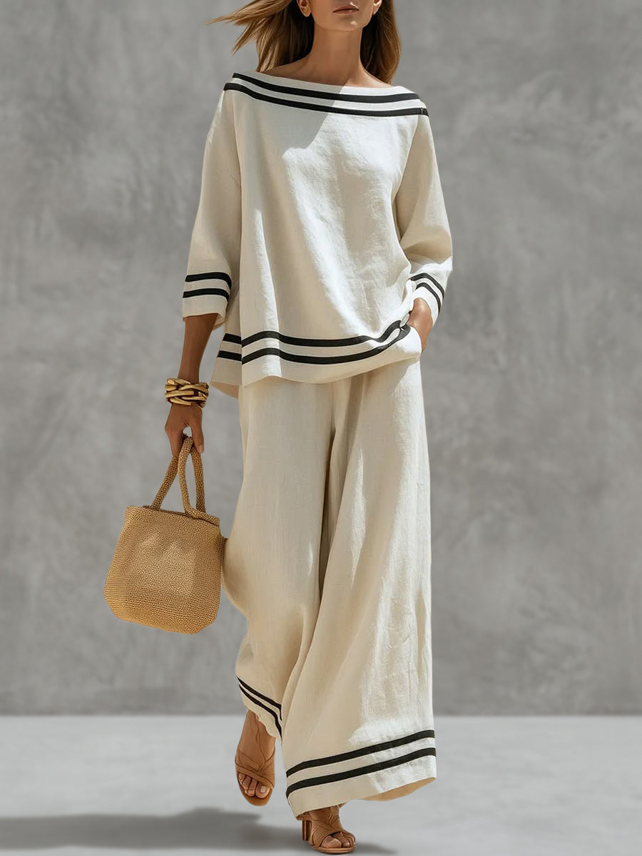 Striped Contrast Color Three-quarter Sleeves Loose Boat Neck Blouses&shirts Tops