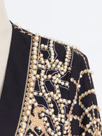 Long Sleeves Loose Beads Printed V-Neck Blazer Outerwear(Size is larger than normal.)