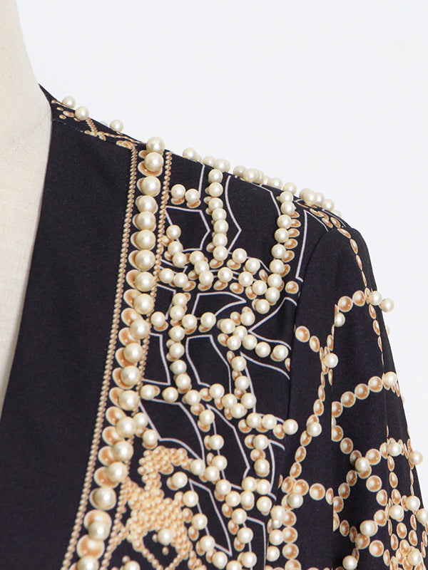 Long Sleeves Loose Beads Printed V-Neck Blazer Outerwear(Size is larger than normal.)