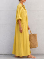 Solid Color Pockets Buttoned Puff Sleeves Half Sleeves Lapel Shirt Dress Maxi Dresses