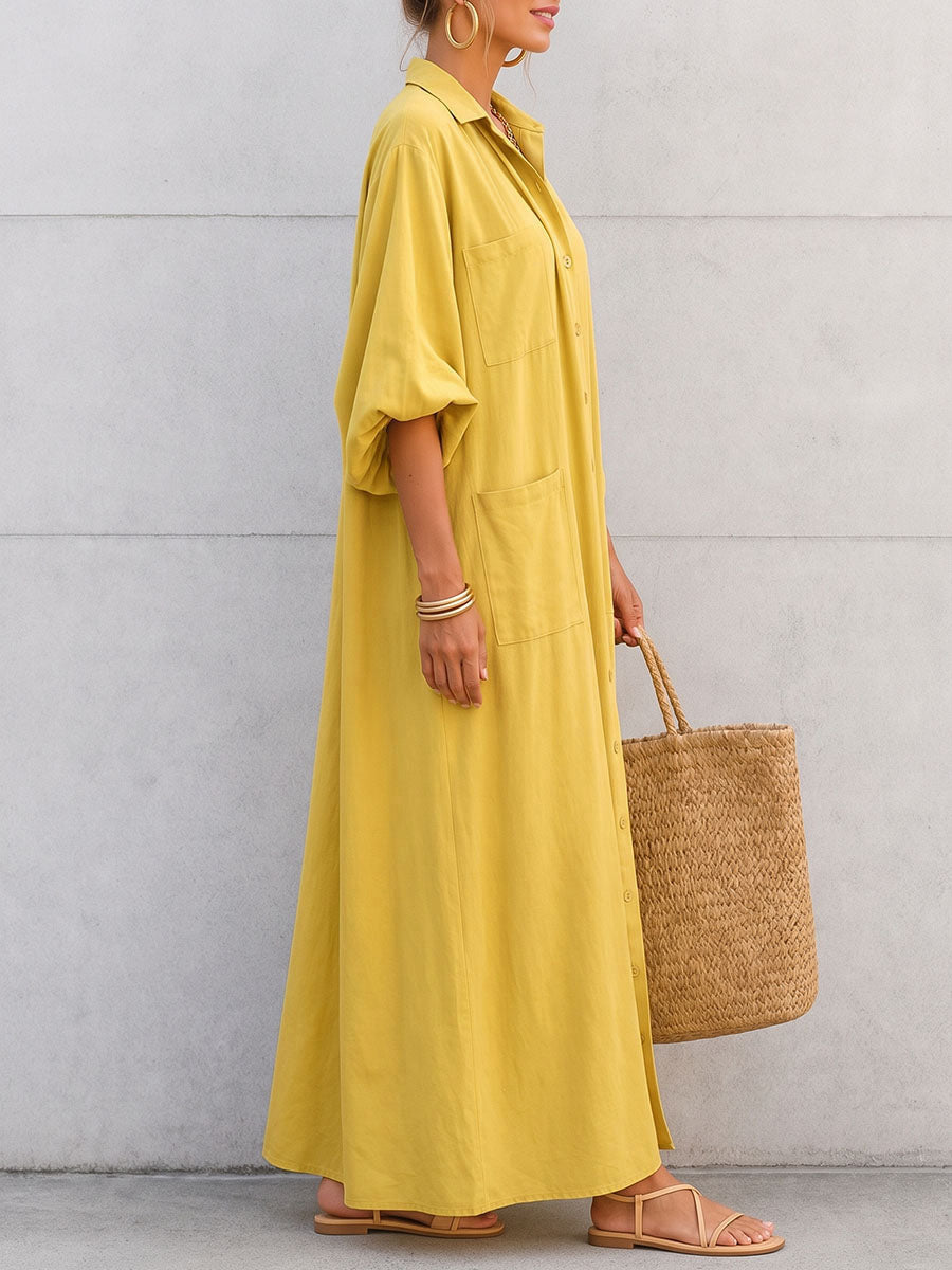 Solid Color Pockets Buttoned Puff Sleeves Half Sleeves Lapel Shirt Dress Maxi Dresses
