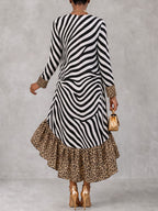 Zipper Split-Joint Ruffled Printed Leopard Loose High-low V-neck Midi Dresses