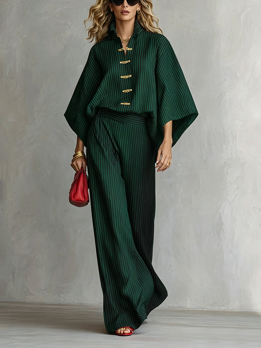 Striped Frog Button Contrast Color Three-quarter Sleeves Batwing Sleeves Stand Collar Blouses&shirts Tops