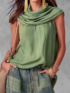 Solid Color Pleated Sleeveless Loose Halter-Neck Tank Top