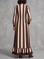 Zipper Striped Ruffled Pockets Contrast Color Loose Long Sleeves Stand Collar Maxi Dresses