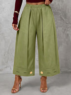 Solid Color Pockets Pleated Elasticity Buttoned Wide Leg Loose Trousers Pants