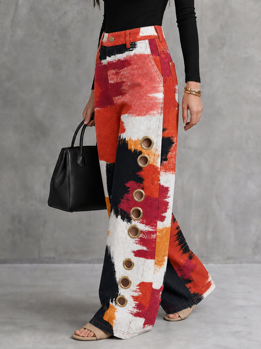 Printed Pockets Hollow Contrast Color Wide Leg High Waisted Trousers Pants