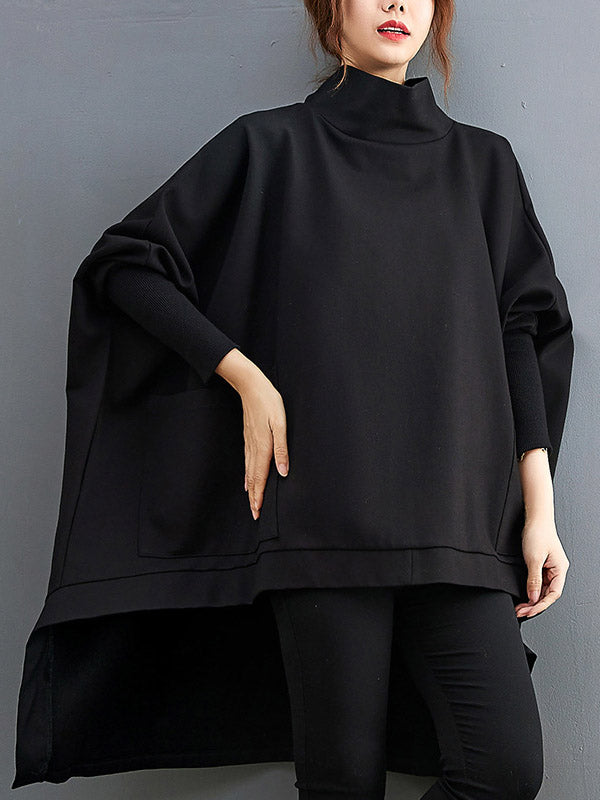 Urban Solid Color High-Neck High-Low Sweatshirt Top