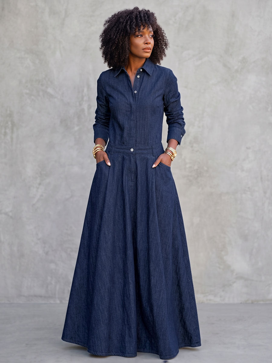 Split-Joint Solid Color Pockets Buttoned Long Sleeves High Waisted Lapel Maxi Dresses