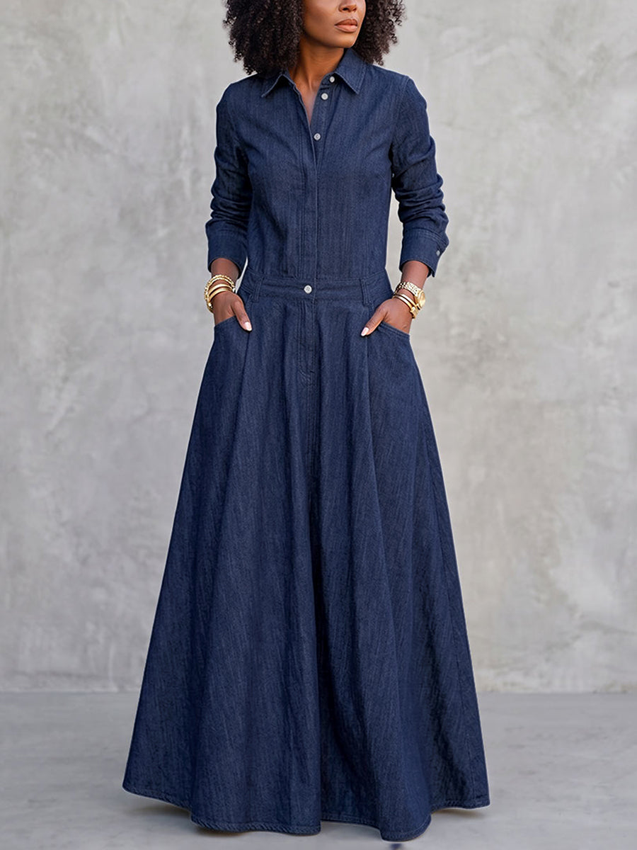 Split-Joint Solid Color Pockets Buttoned Long Sleeves High Waisted Lapel Maxi Dresses