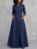 Split-Joint Solid Color Pockets Buttoned Long Sleeves High Waisted Lapel Maxi Dresses