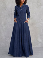 Split-Joint Solid Color Pockets Buttoned Long Sleeves High Waisted Lapel Maxi Dresses