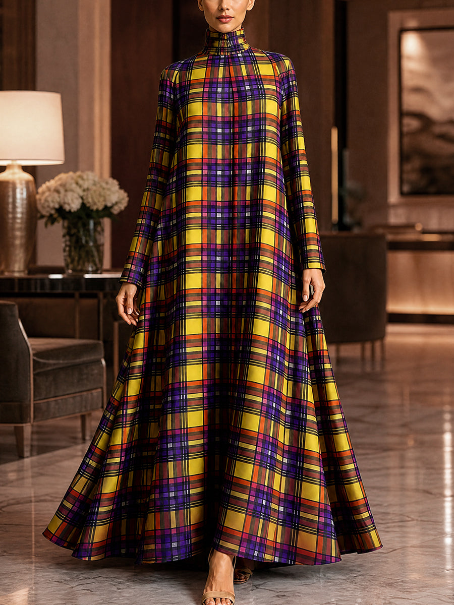 Zipper Pockets Plaid Contrast Color Big Hemline Long Sleeves A-line High-neck Maxi Dresses