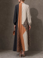 Zipper Split-Joint Leopard Elasticity Contrast Color Loose Long Sleeves Round-neck Maxi Dresses