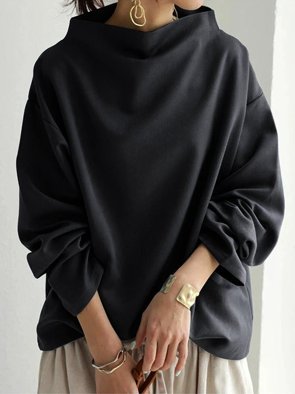 Solid Color Loose Long Sleeves High-neck Sweatershirt