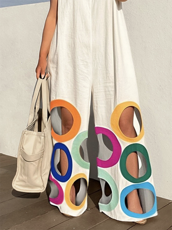 Loose Sleeveless Contrast Color Hollow Jumpsuits